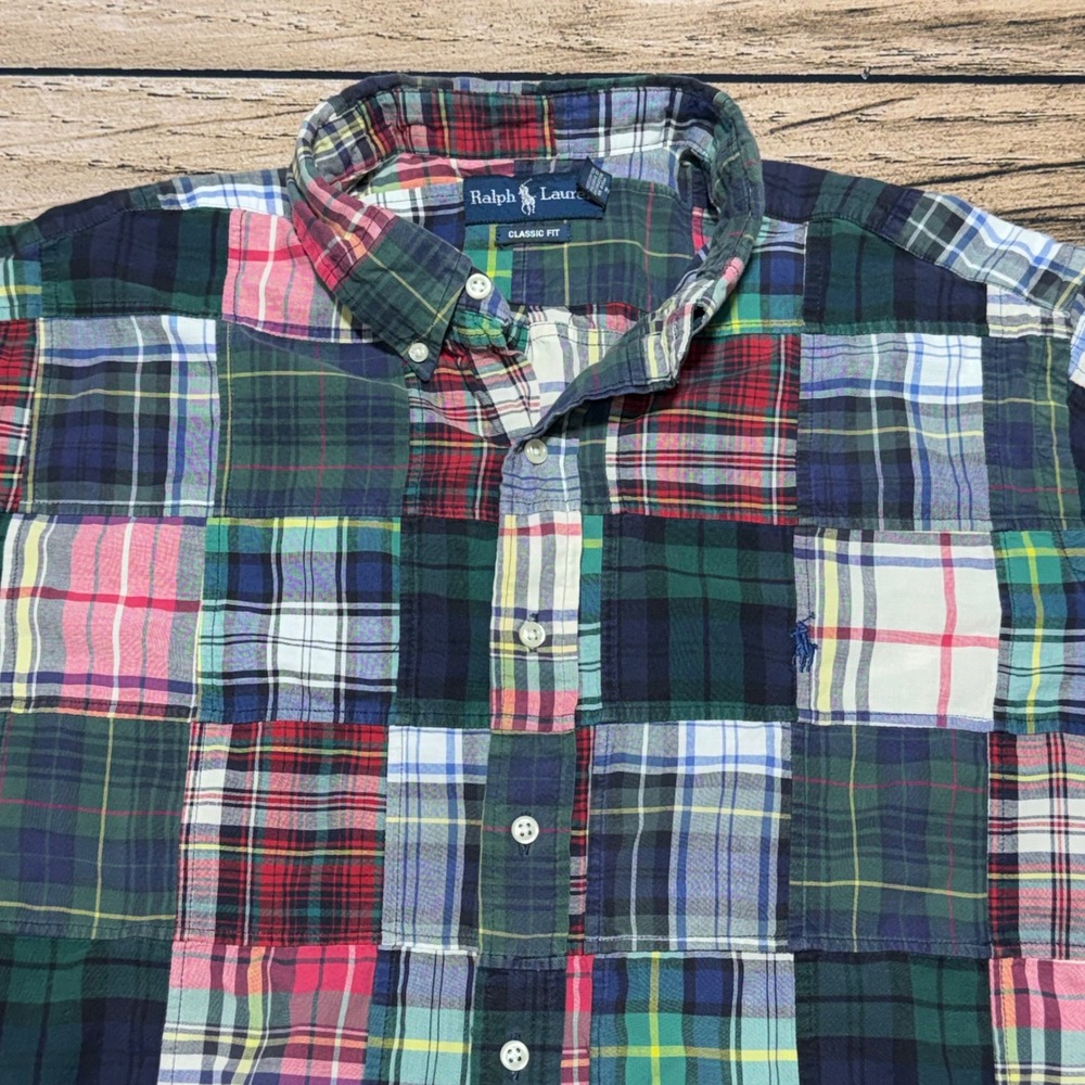 Polo Ralph Lauren Shirt Mens XXL Patchwork Plaid Green Red Blue Classic Fit - Picture 2 of 6